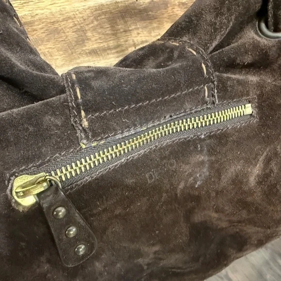 Suede Shoulder Bag with Brass Ring Accent - Brown - Picture 8 of 9